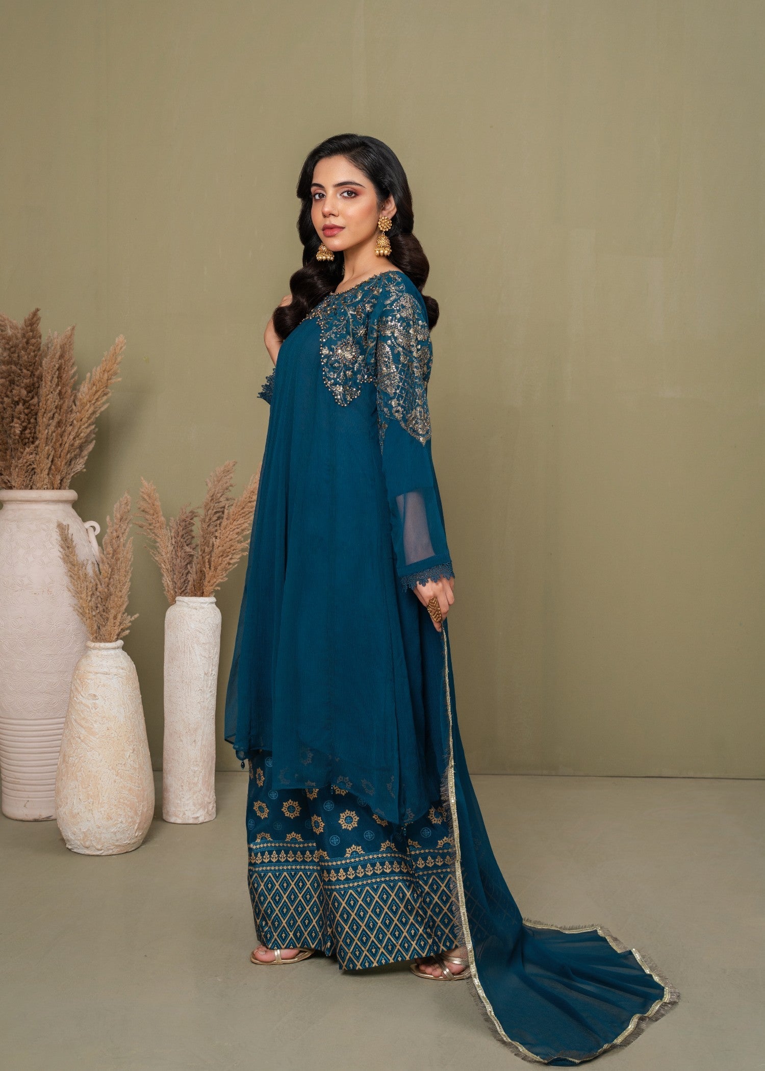 Shehnai Teal - 3pc Chiffon Frock