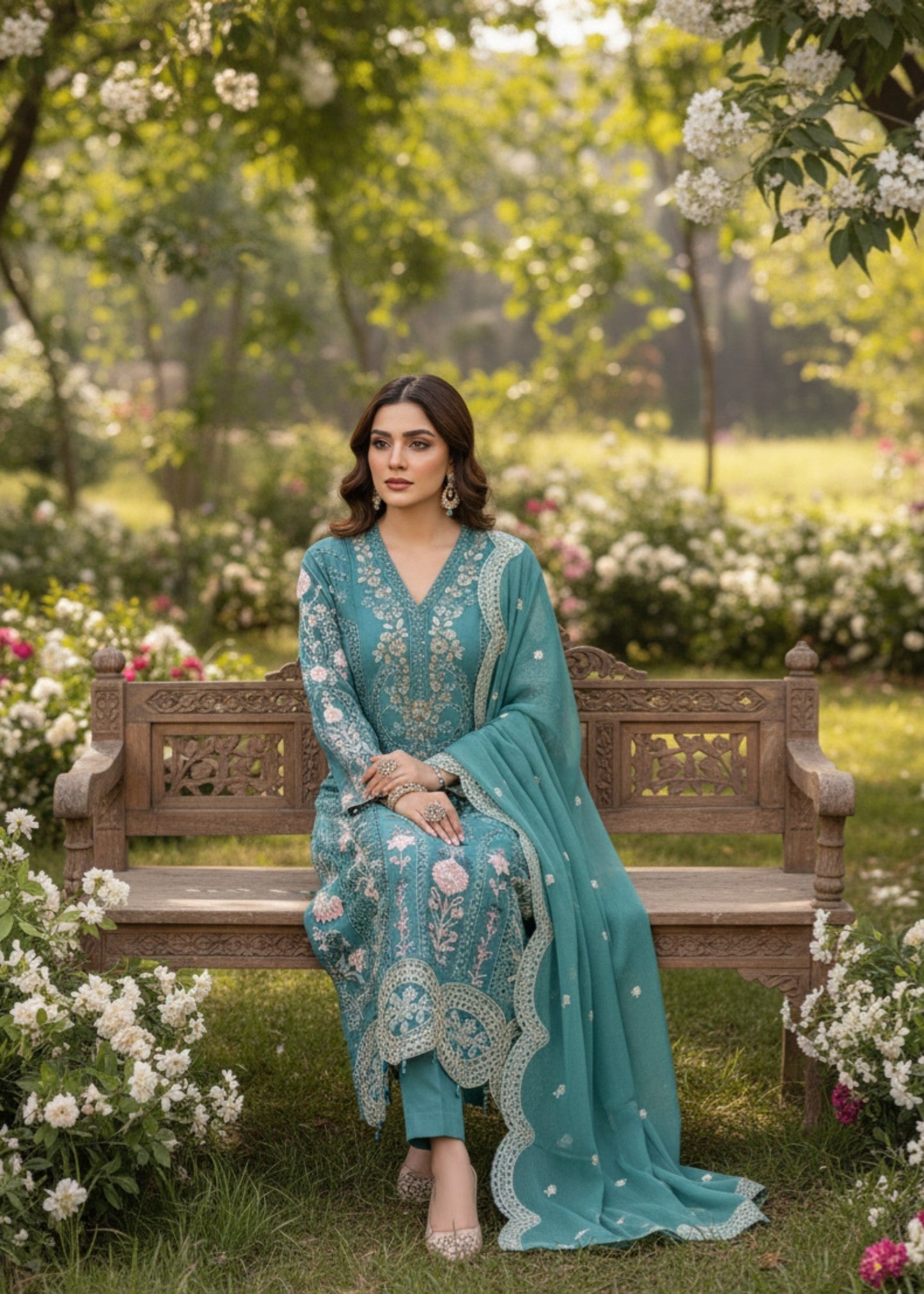 Teal Glory | 3pcs Chiffon Kurta Set