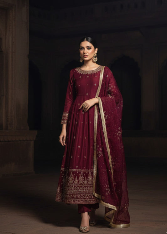 Maroon Bloom | 3pcs Kattan Silk Maxi