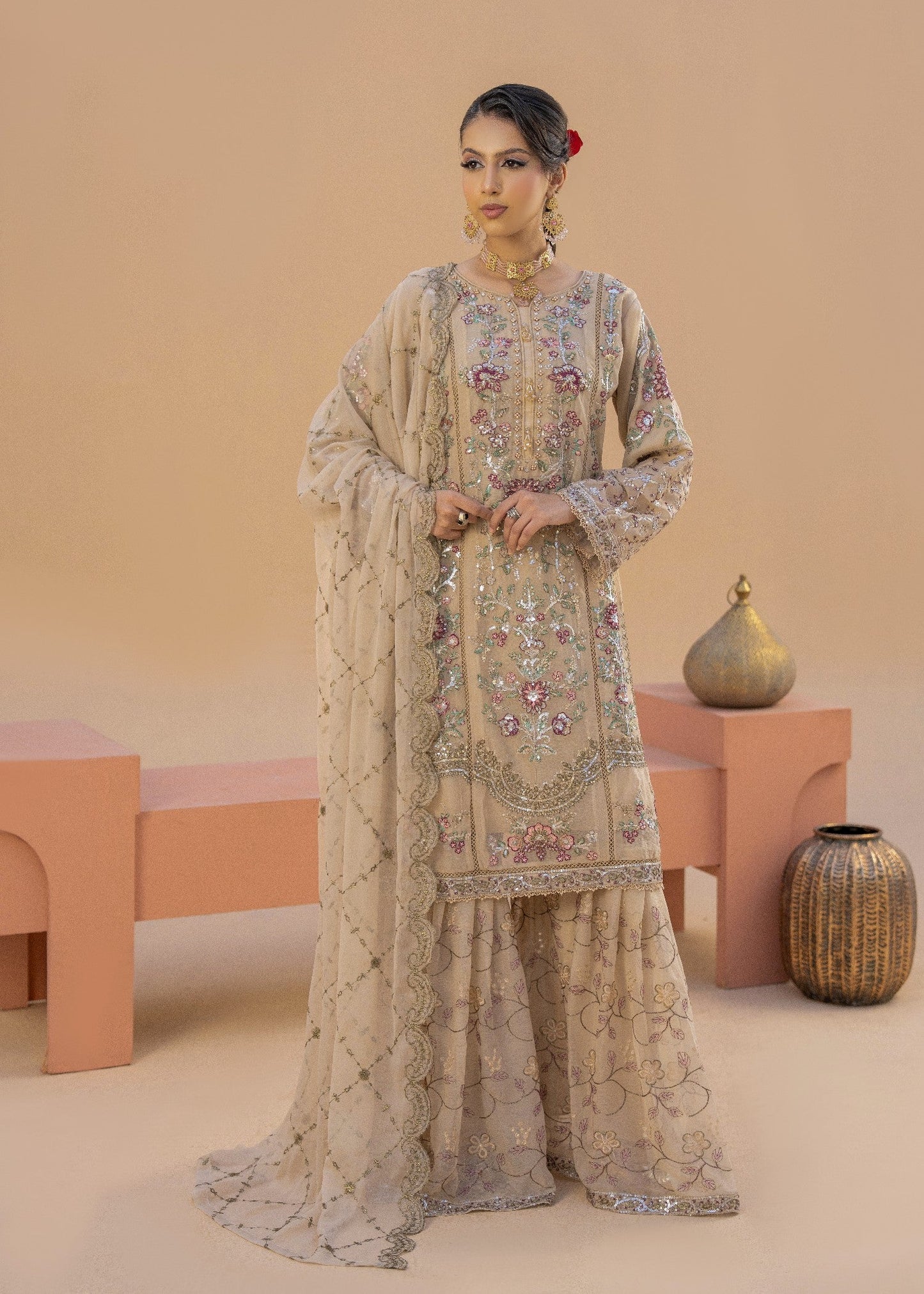 Banno Beige | 3pcs Chiffon Gharara Set