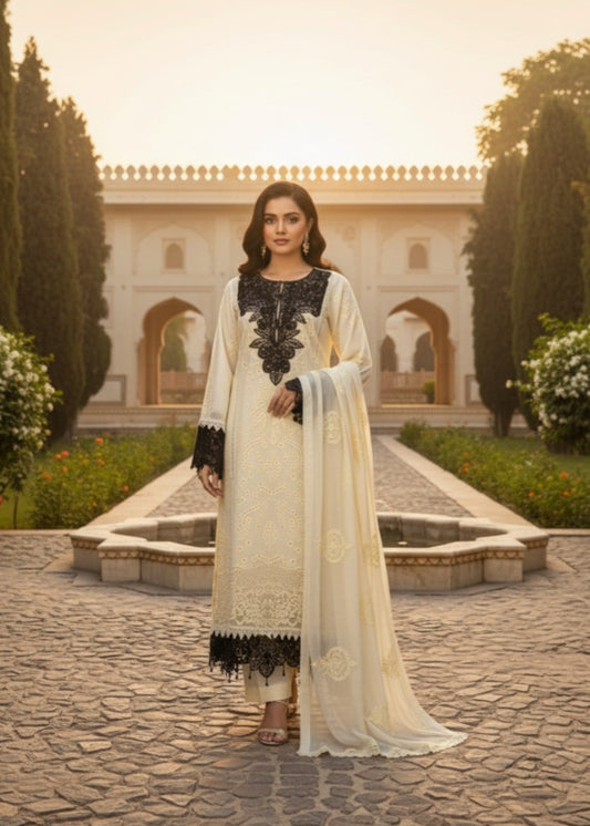 Black and White Grace | 3pcs Chiffon Kurta Set